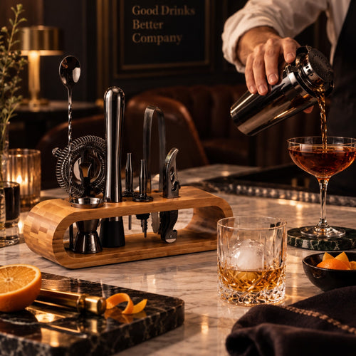 Kit barman sur son support en bambou : shaker, cuillère de bar, passoire, pilon, doseur et becs verseurs
