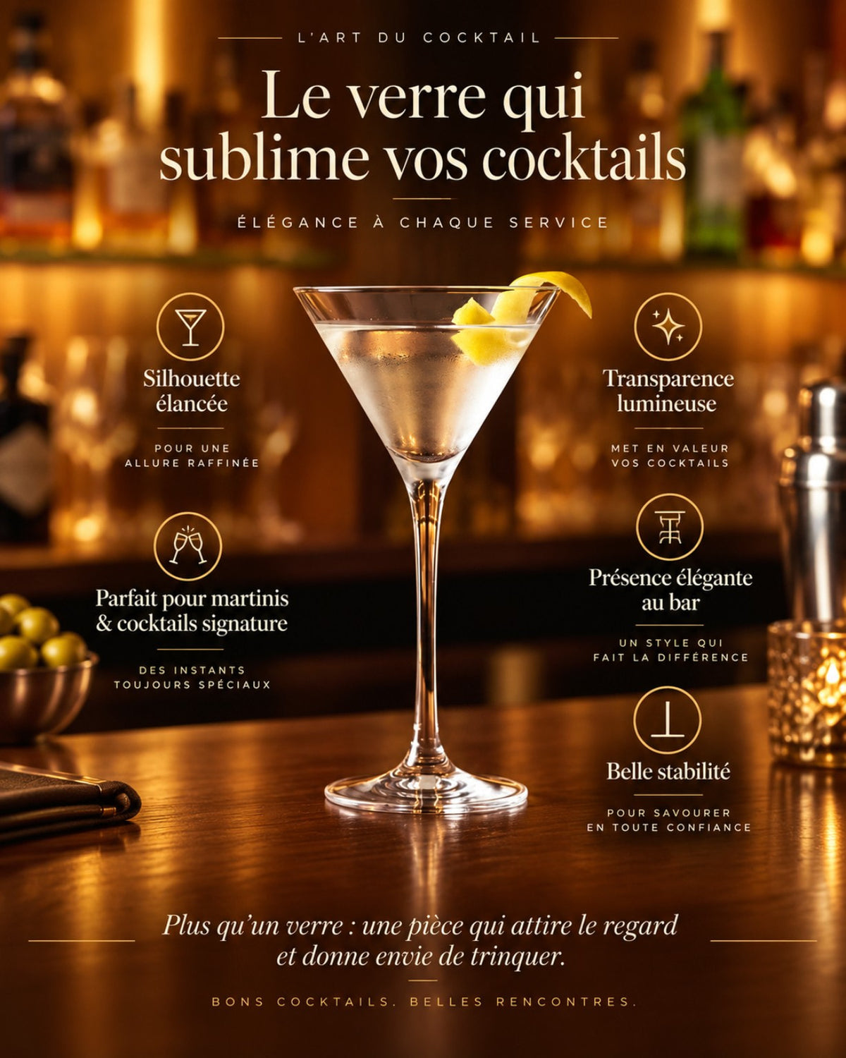 Atouts du verre à cocktail Maison Elixys : silhouette élancée, transparence lumineuse, belle stabilité