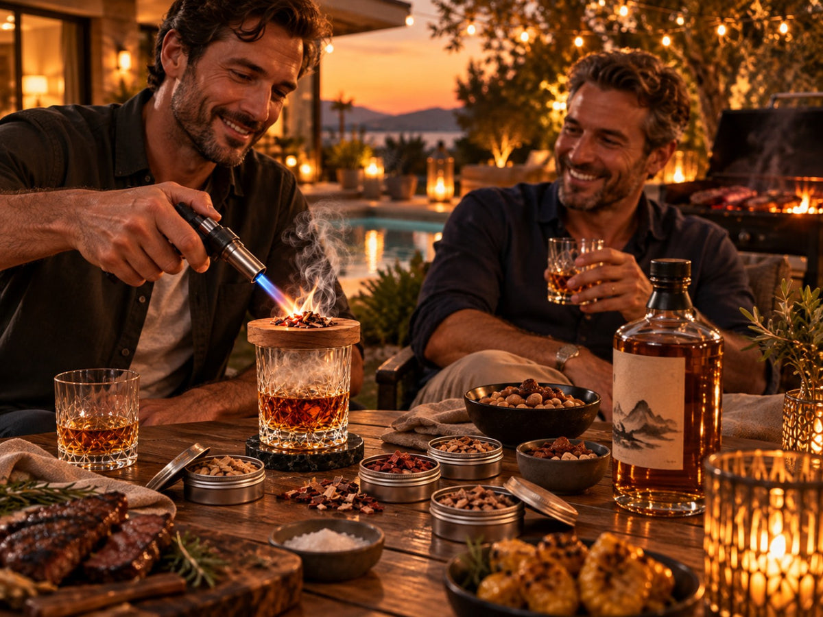 Fumage d'un whisky au chalumeau avec le fumoir à cocktails, entre amis sur une terrasse