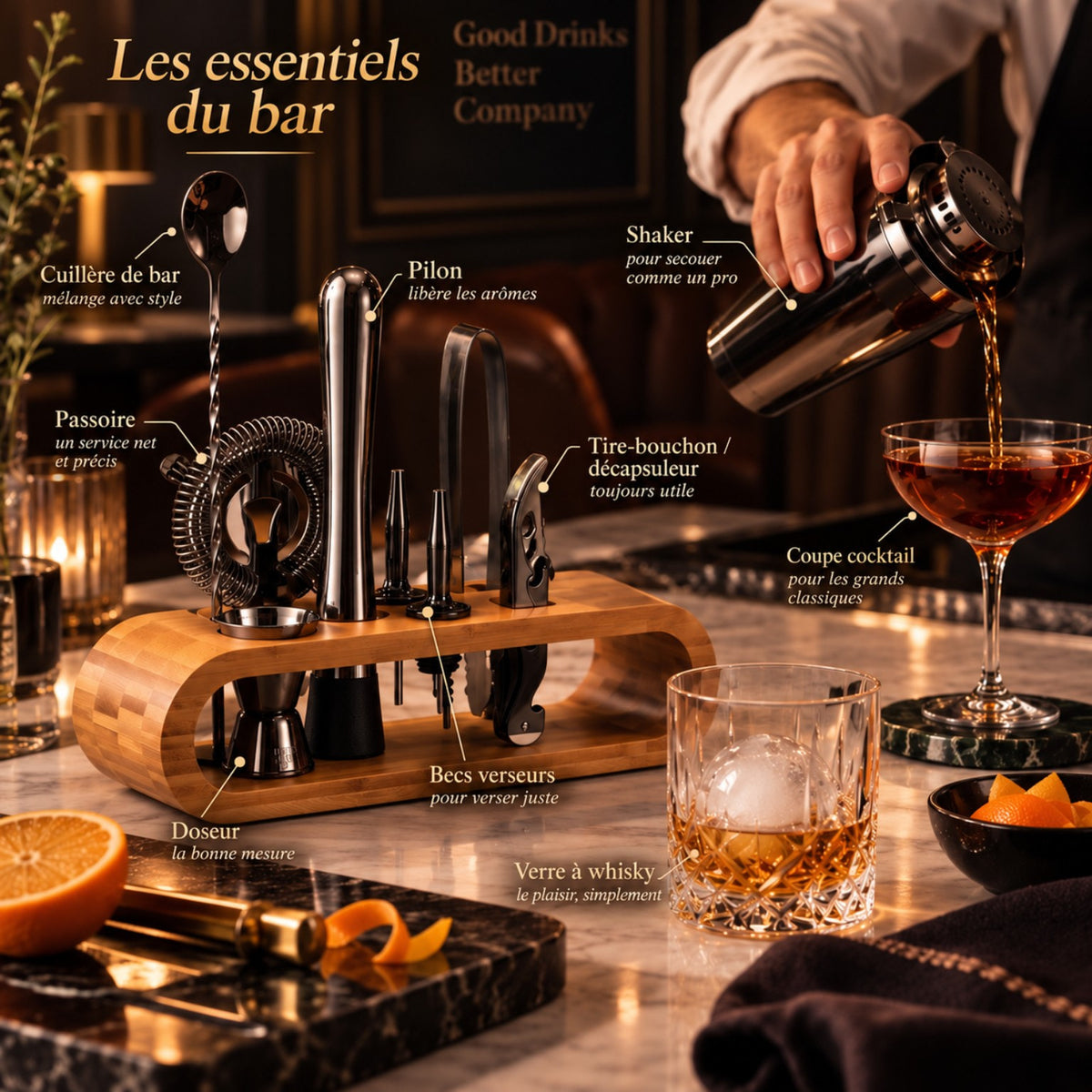 Détail des accessoires du kit barman : cuillère de bar, passoire, pilon, doseur, becs verseurs, tire-bouchon et shaker