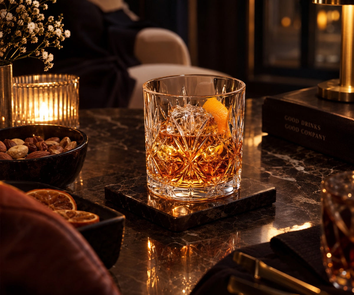 Tumbler à whisky en cristal taillé avec glaçon sur un plateau en marbre