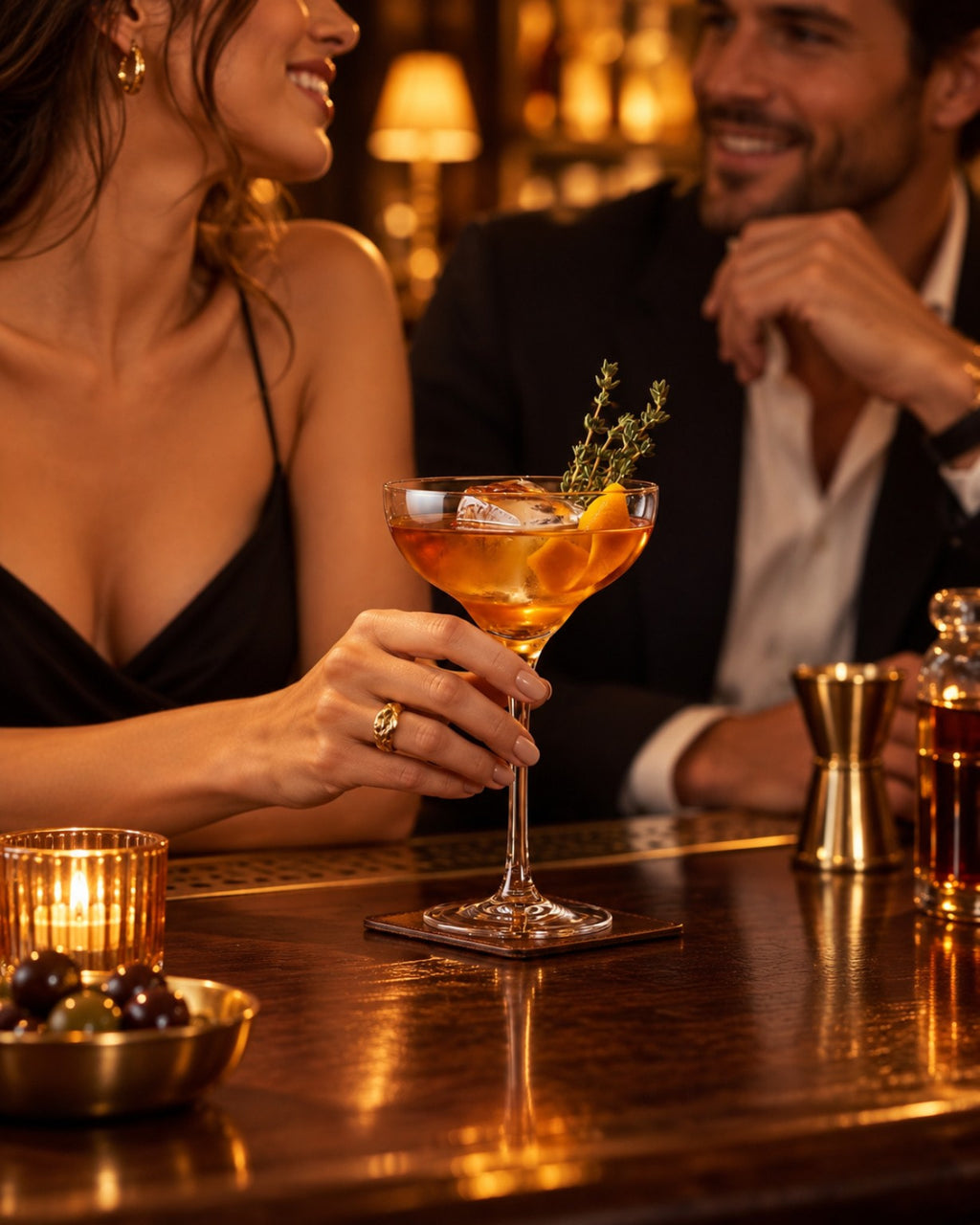 Coupette à pied long tenue en main dans une ambiance de bar feutrée