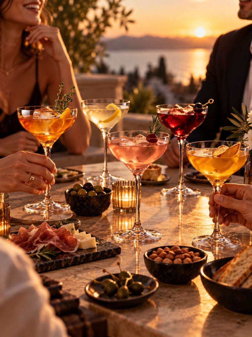 Coupettes et verres à cocktail sur une table d'apéritif en terrasse face à la mer