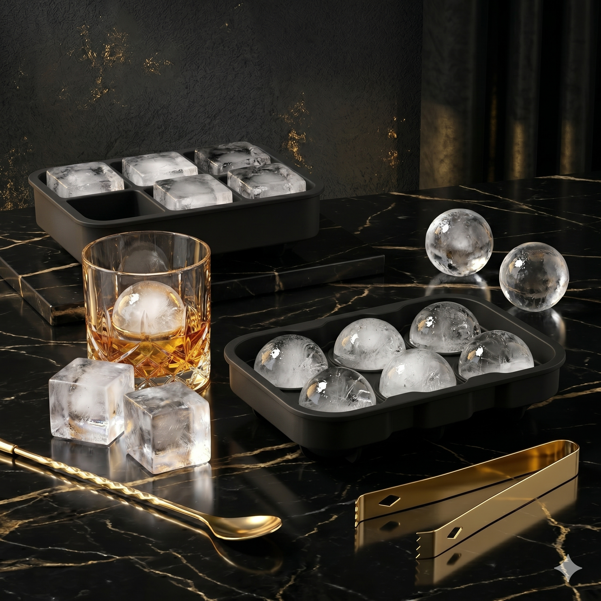 Duo de moules à glaçons sphères et cubes 5cm avec verre whisky